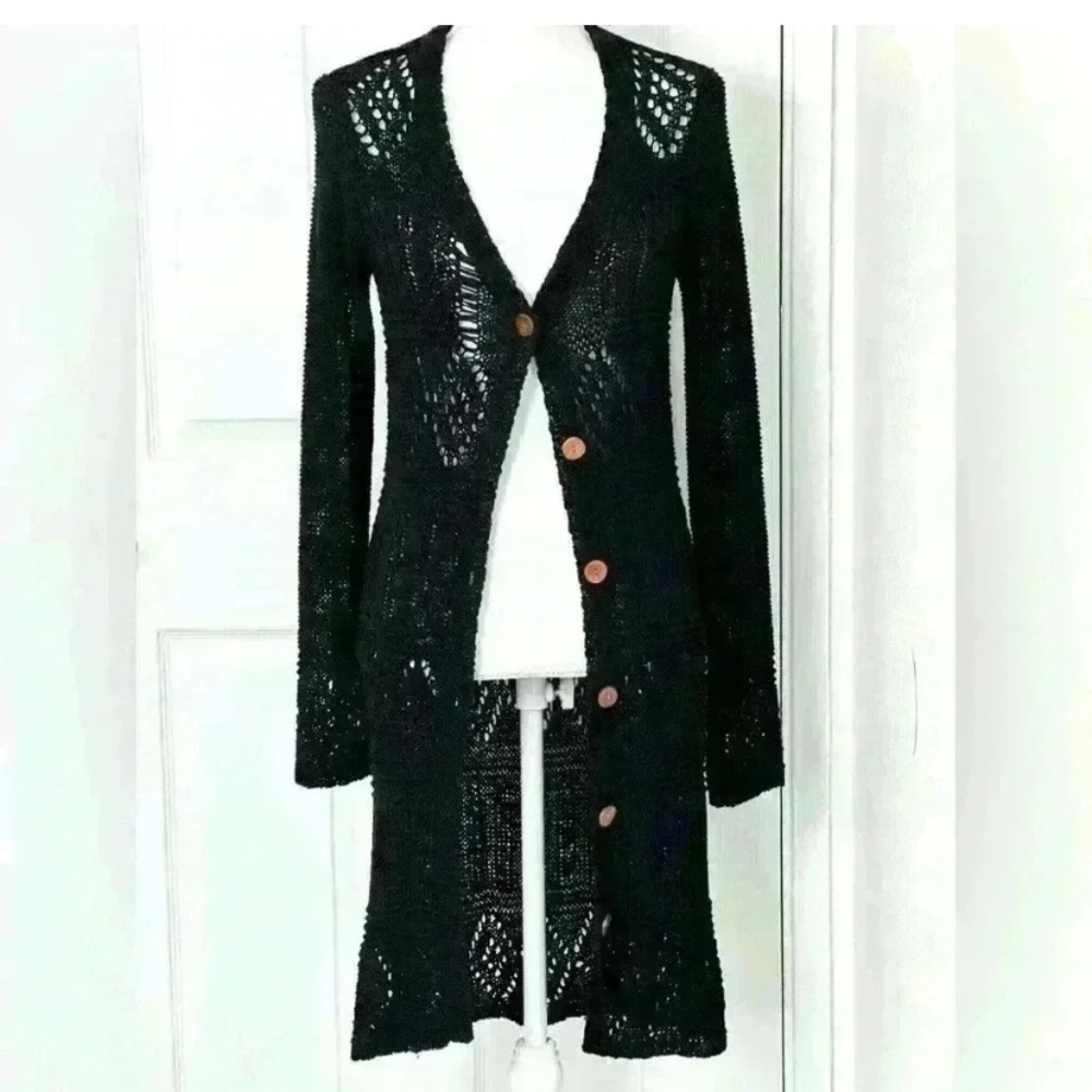 BCBGMAXAZRIA Black Crochet Mid-Length Cardigan Sweater Size Small